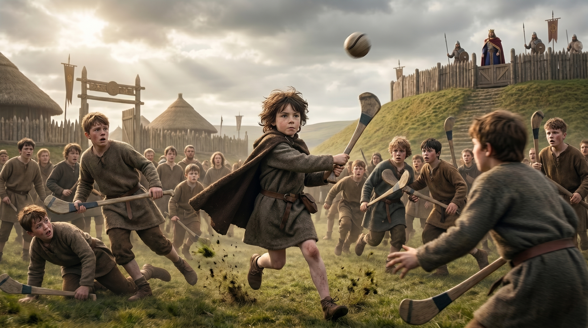 Ancient hurling match played before a king on a hillside settlement